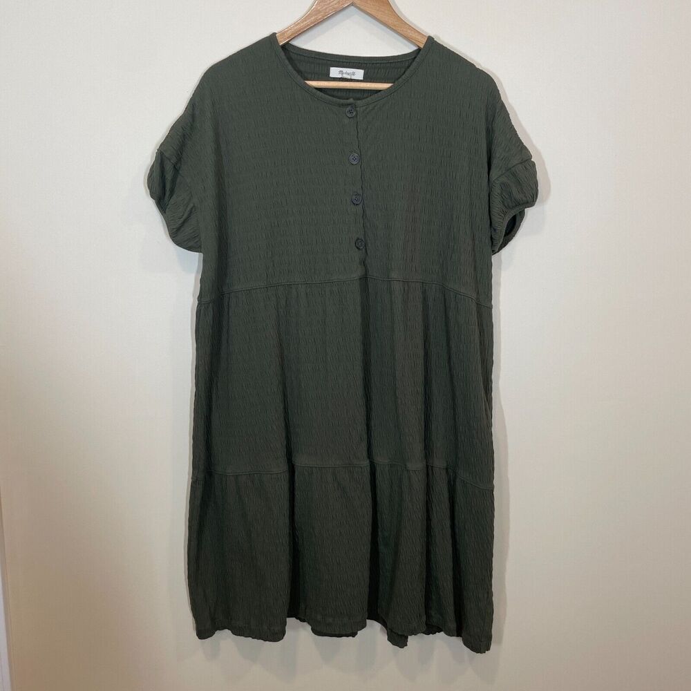 Madewell Women's Green Button-Up Tiered Dress Size Small Crinkle Mini Dress
